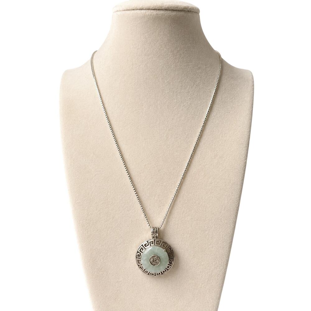 925 Sterling Silver Jade Greek Key Pendant Necklace 18" Italy Vintage‎